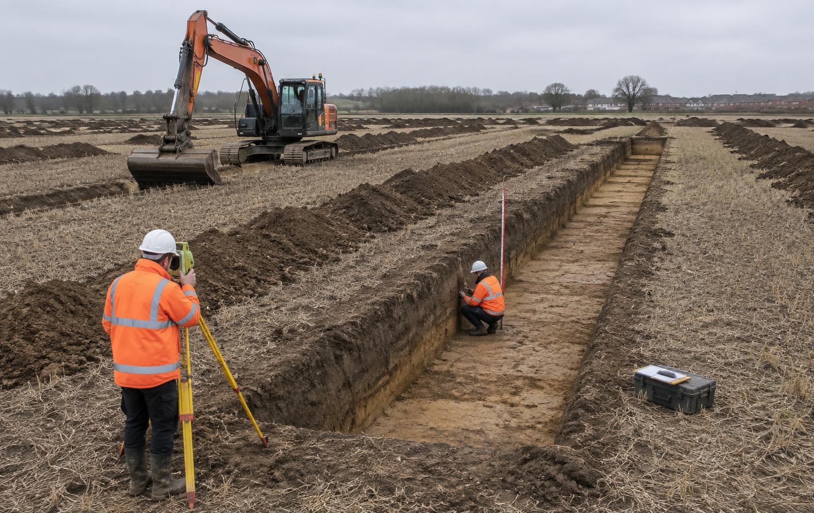 Archaeological evaluation trenches being recorded on a development site